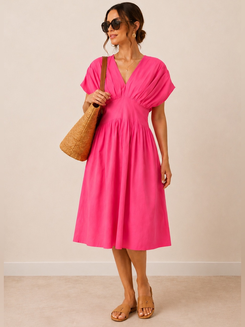 Trina Turk Hot Pink V-Neck Gathered Midi Dress